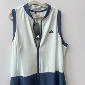 BNWT dress from Adidas. lovely slate blue w *slightly* green-tinted cream